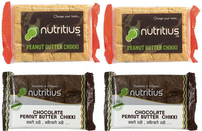 

Nutritius Chocolate Peanut Butter Chikki and Peanut Butter Chikki, 500g (4 Packs of 125g Each)(500 g, Box)