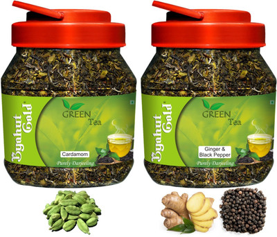 

Byahut Gold Cardamom and Ginger Black Pepper Flavoured Green Tea Combo Cardamom, Ginger, Black Pepper Tea(400 g, Plastic Bottle)