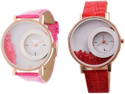 

FabSale Best Designer Pink-Red Synthetic Leather Strap Stylish Attractive Round White Dial Floating Daimond Latest Analog Wrist Watch - For Women