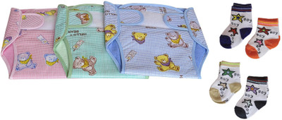 

Toyland New Born Washable & Reusable Diaper/Langot/ 3 Nappy Set And 4 Pair of Kids Socks TYLNPYCOMBO 010(Multicolor)