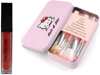 Sah&Shi Matte Me Ultra Smooth Sexy Red Liquid Lipstick (6ml) with Set of 7 Make-up Brushes(Set of 2)