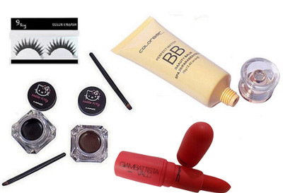 

9 to 5 Eyelashes, Hello Kitty Eyeliner Of Mac, Perfect Match Creme Foundation of Colorbar With Giambattista Valli Matte Red Lipstick(Set of 4)