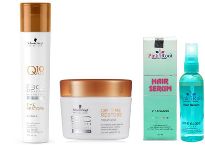 

Pink Root Hair Serum and Schwarzkopf Q10 Plus Time Restore Shampoo+Masque(Set of 3)