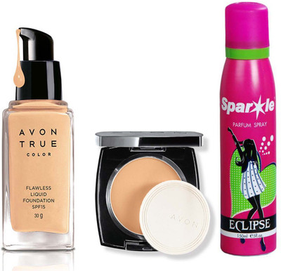 

Avon Anew one True Color Flawless Liquid Foundation SPF15 30g (Cream Beige) with one true color flawless mattifying pressed powder 11g (golden fair) With one sparkle perfume spray 150 ml(Set of 3)