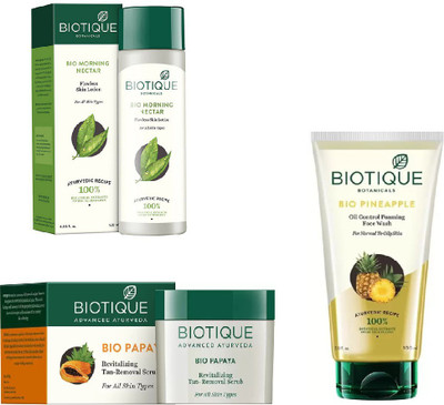 

BIOTIQUE BIO Pineapple Oil Control Foaming Face Wash, Morning Nectar Flawless Skin Moisturizer, Papaya Revitalizing Tan-Removal Scrub(Set of 3)
