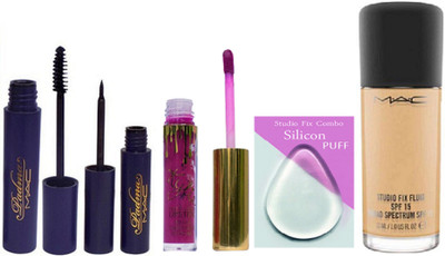 

Studio Fix Combo Silicon Puff With Mac Liquid Foundation & Padma Eyeliner & Mascara, Kylie Birthday Edition Liquid Lip Gloss(Set of 5)