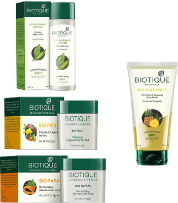 

BIOTIQUE BIO Morning Nectar Flawless Skin Moisturizer, Pineapple Oil Control Foaming Face Wash, Papaya Revitalizing Tan-Removal Scrub, Fruit Whitening & Depigmentation Face Pack(Set of 4)