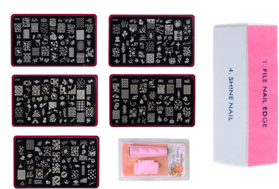 Royalkart Nail art Stamping Jumbo 5 Image Plates (CF Plate) With Double-Sided Stamper & Scraper And Nail Art Buffer(Multi)
