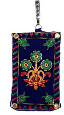 

Unique Fashion Ethnic Blue Velvet Embroidered Mirror Design Mobile Pouch with Waist Clip for Girls / Women’s Mobile Pouch(Blue)