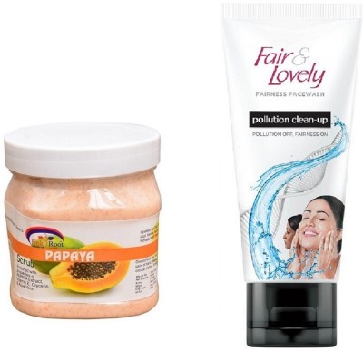 

Pink Root Papaya Scrub 500ml and Fair & Lovely Fairness FaceWash Pollution Clean-Up 100gm(Set of 2)