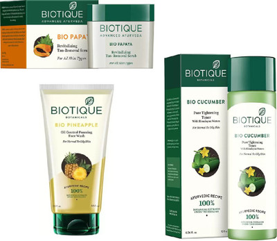 

BIOTIQUE BIO Pineapple Oil Control Foaming Face Wash, Papaya Revitalizing Tan-Removal Scrub, Cucumber Pore Tightening Toner(Set of 3)