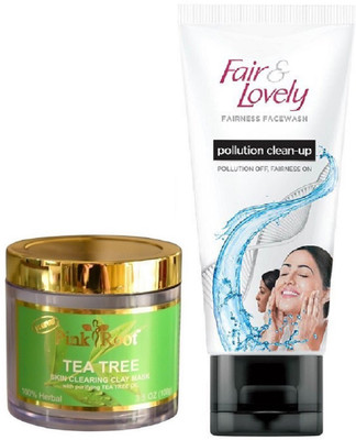 

Pink Root Tea Tree Skin Clearing Clay Mask 100gm and Fair & Lovely Fairness FaceWash Pollution Clean-Up 100gm(Set of 2)