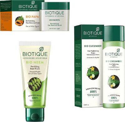 

BIOTIQUE BIO Neem Purifying Face Wash, Papaya Revitalizing Tan-Removal Scrub, Cucumber Pore Tightening Toner(Set of 3)