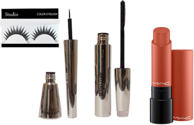 

studio Eyelashes and Mac brooke candy Eyeliner With Mascara With Liptensity long lasting toast and butter lipstick(Set of 4)