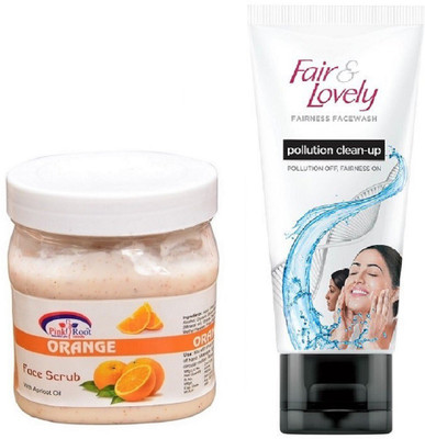 

Pink Root Orange Scrub 500ml and Fair & Lovely Fairness FaceWash Pollution Clean-Up 100gm(Set of 2)