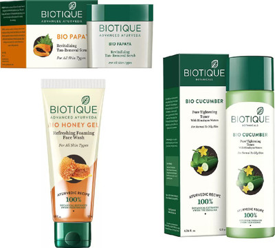 

BIOTIQUE BIO Honey Gel Face Wash, Papaya Revitalizing Tan-Removal Scrub, Cucumber Pore Tightening Toner(Set of 3)