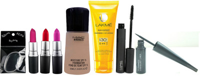 

styling Silicon puff & Mac matte lipstick 3 piece & Mineralize moisture SPf 15 foundation 30ml & mac zoom last mascara & liquidlast eyeliner, Lakme sun expert spf 30 UV lotion(Set of 6)