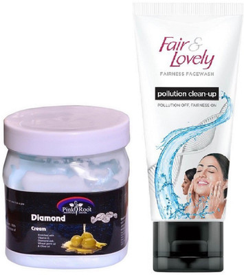 

Pink Root Diamond Cream 500ml and Fair & Lovely Fairness FaceWash Pollution Clean-Up 100gm(Set of 2)