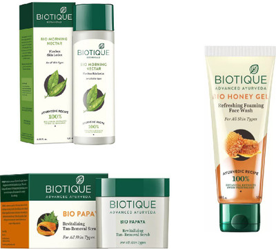 

BIOTIQUE BIO Morning Nectar Flawless Skin Moisturizer, Papaya Revitalizing Tan-Removal Scrub, Honey Gel Face Wash(Set of 3)