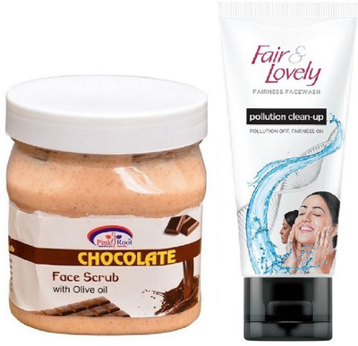 

Pink Root Chocolate Scrub 500ml and Fair & Lovely Fairness FaceWash Pollution Clean-Up 100gm(Set of 2)