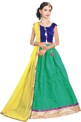 satyamfab Girls Lehenga Choli Ethnic Wear Self Design Lehenga, Choli and Dupatta Set(Green, Pack of 1)