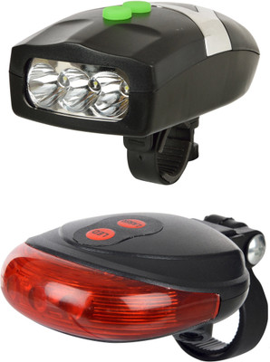 

Dark Horse Bicycle 3 LED Front Head Light & Loud Horn Bell and Bicycle 7 Mode 5 LED Bright Tail Light with 2 Red Laser Beam Combo LED Front Rear Light Combo(Black)