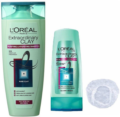 

L'Oreal Extraordinary Clay Puridying & HyDrating Shampoo + conditioner + shower cap(360 ml)