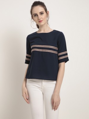 RARE Casual Short Sleeve Solid Women Dark Blue Top