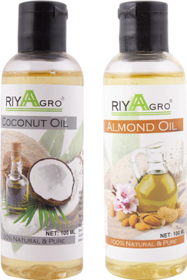 

RIYAAGRO (Combo Pack of 2) 100 % Natrual & Pure Undiluted Cold Pressed (Coconut & Almond Oil) For Hair-Scalp-Skin-Face-Nails-- 100 ml(200 ml)