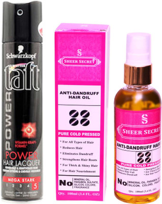 

SCHWARZKOPF TAFT ALL WEATHER POWER HAIR LACQUER 250 ML with SHEER SECRET PURE COLD PRESSED ANTI DANDRUFF OIL 100 ML(Set of 2)