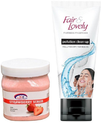 

Pink Root Strawberry Scrub 500ml and Fair & Lovely Fairness FaceWash Pollution Clean-Up 100gm(Set of 2)