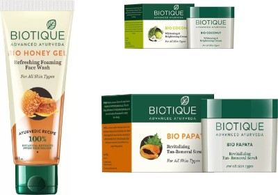 

BIOTIQUE BIO Honey Gel Face Wash, Papaya Revitalizing Tan-Removal Scrub, Coconut Whitening & Brightening Cream(Set of 3)