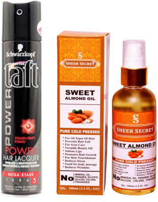 

SCHWARZKOPF TAFT ALL WEATHER POWER HAIR LACQUER 250 ML with SHEER SECRET PURE COLD PRESSED SWEET ALMOND OIL 100 ML(Set of 2)