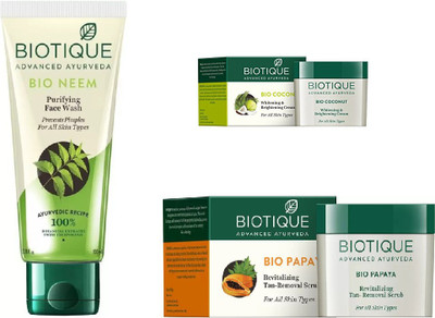 

BIOTIQUE BIO Neem Purifying Face Wash, Papaya Revitalizing Tan-Removal Scrub, Coconut Whitening & Brightening Cream(Set of 500)