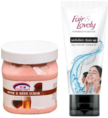 

Pink Root Wine & Beer Scrub 500ml and Fair & Lovely Fairness FaceWash Pollution Clean-Up 100gm(Set of 2)