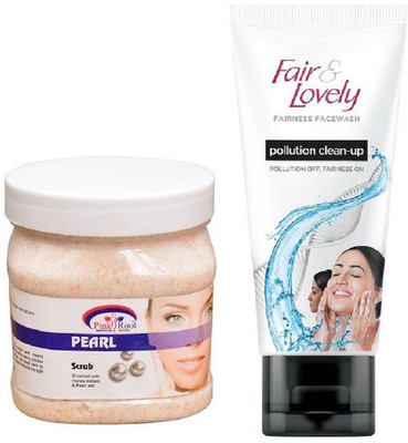 

Pink Root Pearl Scrub 500ml and Fair & Lovely Fairness FaceWash Pollution Clean-Up 100gm(Set of 2)