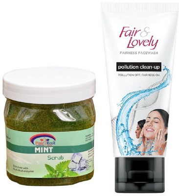 

Pink Root Mint Scrub 500ml and Fair & Lovely Fairness FaceWash Pollution Clean-Up 100gm(Set of 2)