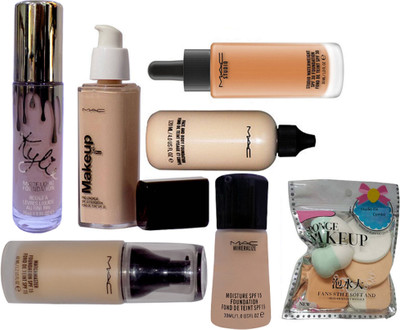 

Studio Fix Combo 6 Puff&Mac Makeup pro long wear,Studio WaterWeight SPF30,Face & Body,Minerlize Moisture SPF15,Match Master Foundation,Kylie Matte Liquid Foundation(Set of 7)