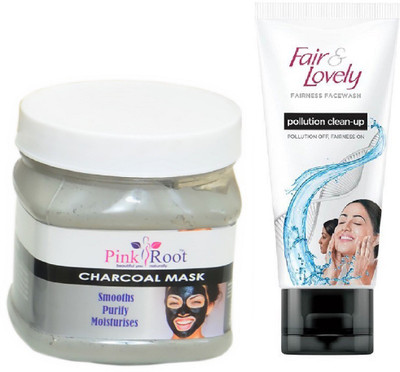 

Pink Root Charcoal Mask 500ml and Fair & Lovely Fairness FaceWash Pollution Clean-Up 100gm(Set of 2)