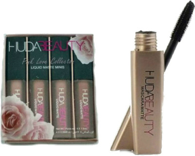 

Huda Beauty COMBO KIT OF PINK LOVE COLLECTION (4 LIPSHADES) WITH WATERPROOF LONG LASTING MASCARA(Set of 5)