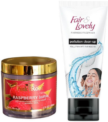 

Pink Root Raspberry Scrub 100gm and Fair & Lovely Fairness FaceWash Pollution Clean-Up 100gm(Set of 2)