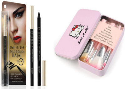 

Sah&Shi Bold and Black Gel Liner Kajal (Waterproof,Smudgeproof,jet Black) With Set of 7 Make-up Brushes(Set of 2)