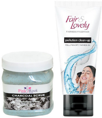 

Pink Root Charcoal Scrub 500ml and Fair & Lovely Fairness FaceWash Pollution Clean-Up 100gm(Set of 2)
