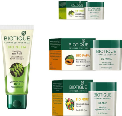 

BIOTIQUE BIO Neem Purifying Face Wash, Fruit Whitening & Depigmentation Face Pack, Papaya Revitalizing Tan-Removal Scrub, Coconut Whitening & Brightening Cream(Set of 4)