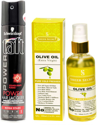 

SCHWARZKOPF TAFT ALL WEATHER POWER HAIR LACQUER 250 ML with SHEER SECRET PURE COLD PRESSED OLIVE OIL 100 ML(Set of 2)