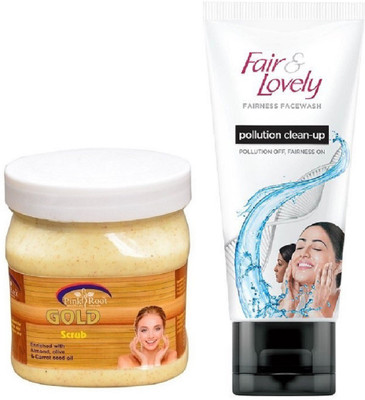 

Pink Root Gold Scrub 500ml and Fair & Lovely Fairness FaceWash Pollution Clean-Up 100gm(Set of 2)