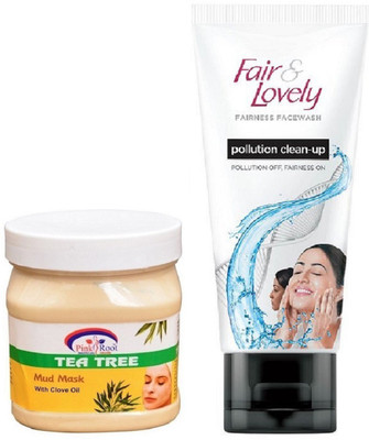 

Pink Root Tea Tree Mud Mask 500ml and Fair & Lovely Fairness FaceWash Pollution Clean-Up 100gm(Set of 2)