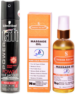 

SCHWARZKOPF TAFT ALL WEATHER POWER HAIR LACQUER 250 ML with SHEER SECRET PURE COLD PRESSED MASSAGE OIL 100 ML(Set of 2)
