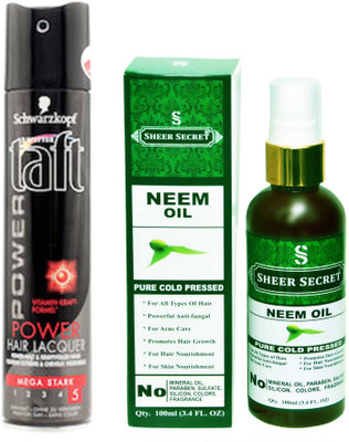 

SCHWARZKOPF TAFT ALL WEATHER POWER HAIR LACQUER 250 ML with SHEER SECRET PURE COLD PRESSED NEEM OIL 100 ML(Set of 2)
