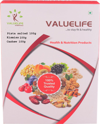 

Value Life Cashew Premium Salted Pistachios Kishmish Dry Fruits Combo of 3 - 100Grams (1 of Each) Cashews(300 g, Box)